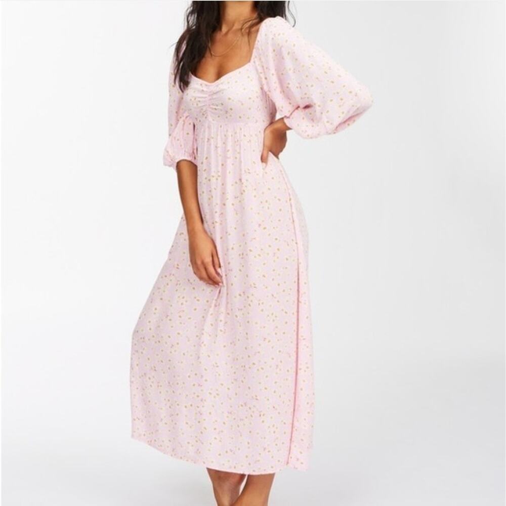 BillaBong Swept Away Midi Dress Pink Floral Puff Sleeve Smocked Cottagecore M - Picture 12 of 16